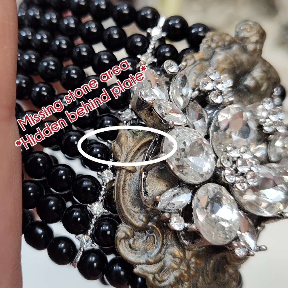 Upcycled Hand Crafted Extra Wide Black Bead Rhinestone Brass Cherub Bracelet - Picture 8 of 13
